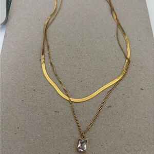 Chic Gold double  Layer Necklace with Crystal Pendant